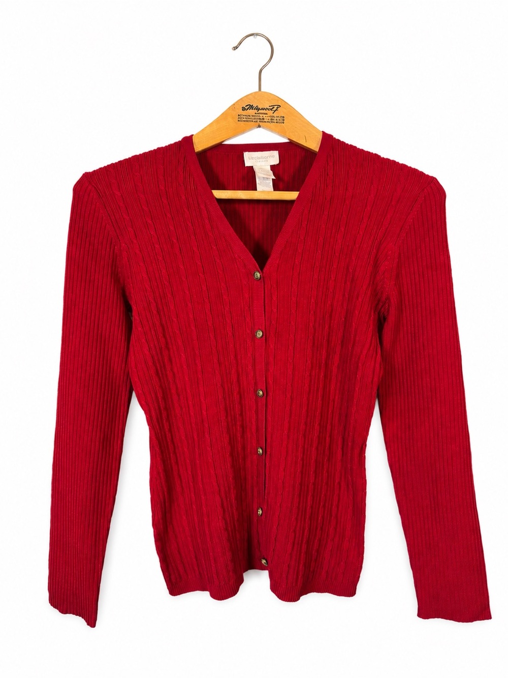 Liz Claiborne Red Ribbed V-Neck Knit Cardigan Sweater Office Holiday S Vintage